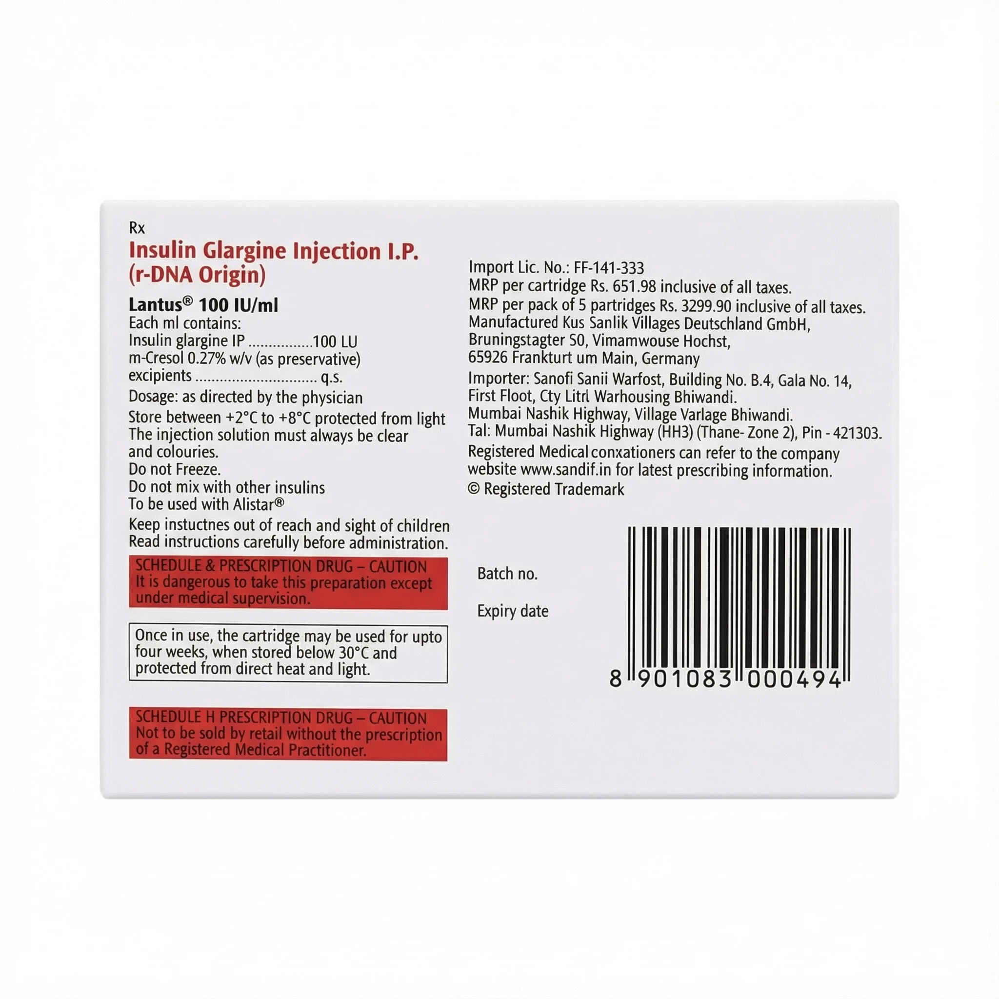 Lantus 100IU/ml Insulin Glargine Injection (DNA Origin) 5*3 ml - Image 2